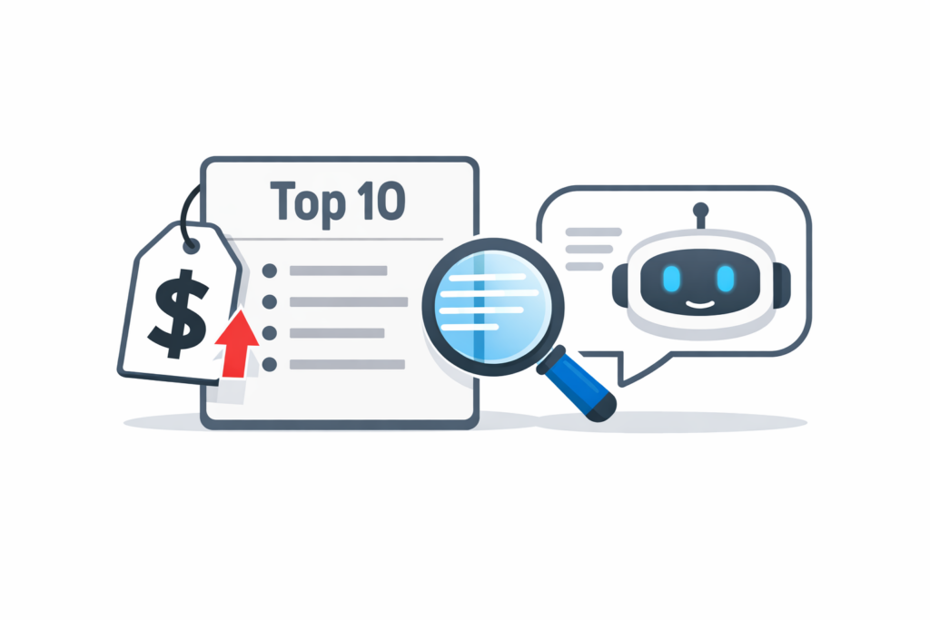 Illustration of a Top 10 list card with a price tag and upward arrow, being examined by an AI chat bubble with a magnifying glass.