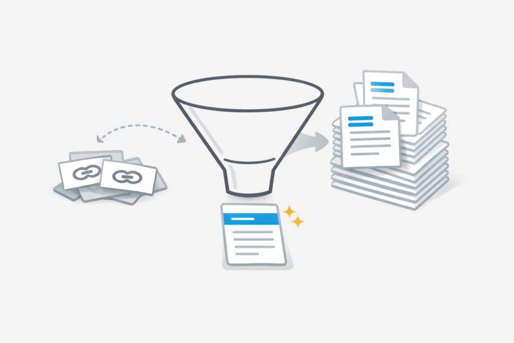 Minimal illustration of a funnel with gray citation cards on the left and a stack of blue-accented new page cards on the right, producing a single highlighted page card with a sparkle.