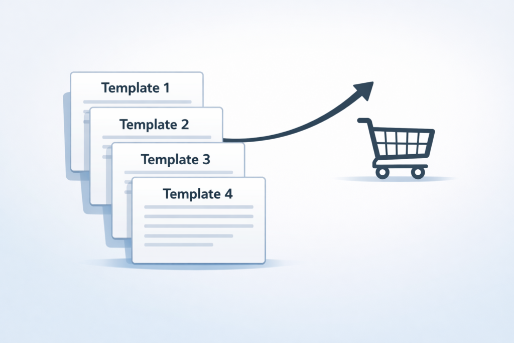 Four stacked template document cards with an upward arrow pointing to a shopping cart icon on a light gradient background.