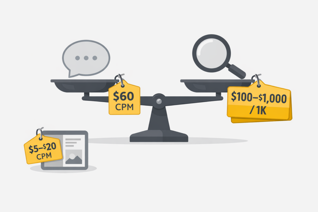 Balance scale comparing ChatGPT ads at $60 CPM with Google Ads at $100–$1,000 per 1K impressions, with Meta ads shown at $5–$20 CPM.