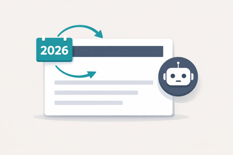 Illustration of a webpage with a “2026” calendar badge and looping update arrows next to an AI robot icon.