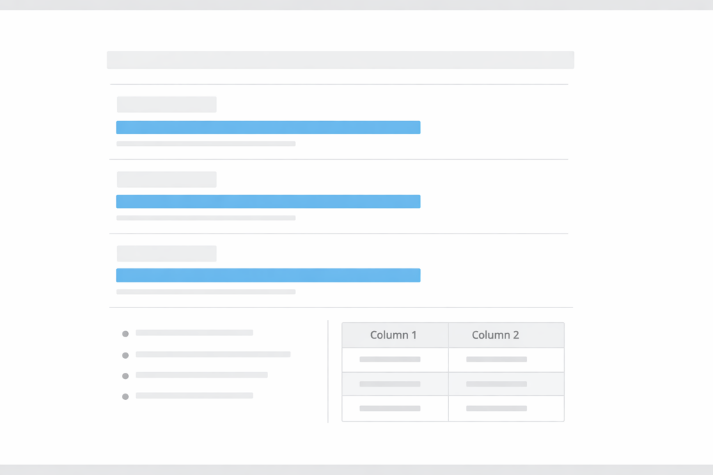 Minimal webpage layout with clear question-style headings, highlighted answer-first bars, a bullet list, and a simple two-column table on a white background.