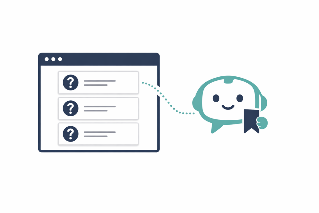 Browser window showing stacked FAQ cards connected by a dotted line to a friendly AI chat bubble holding a bookmark icon.