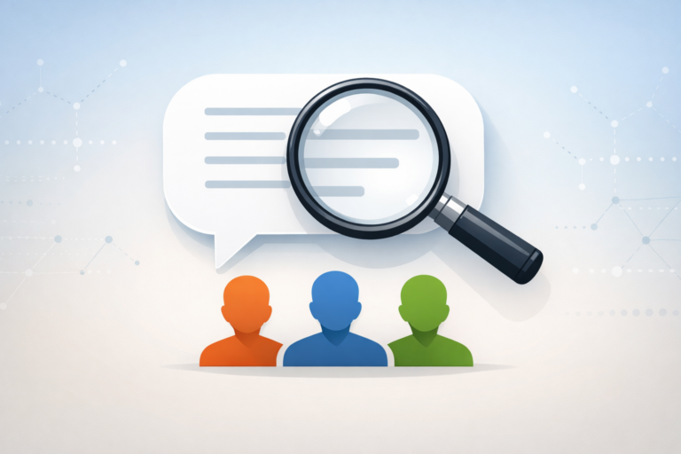 Magnifying glass over a chat bubble with three profile icons below on a soft gradient background.