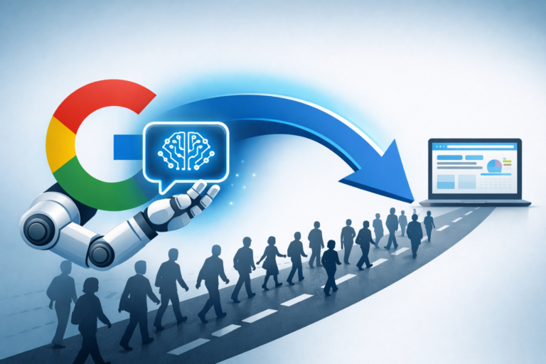 Illustration of Google search shifting users from a website page to an AI chat overview via a large arrow.