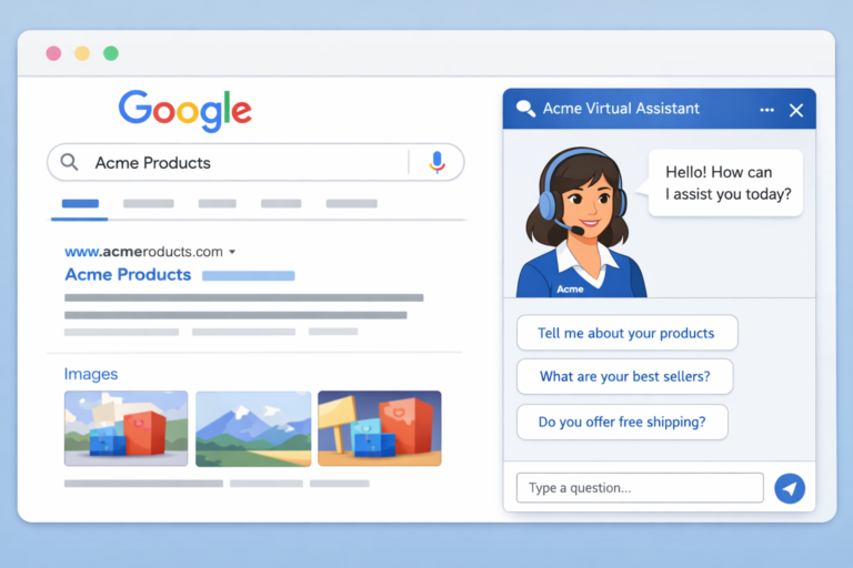 Illustration of a Google search results page beside an embedded brand assistant chat panel with quick prompt buttons and a message input.