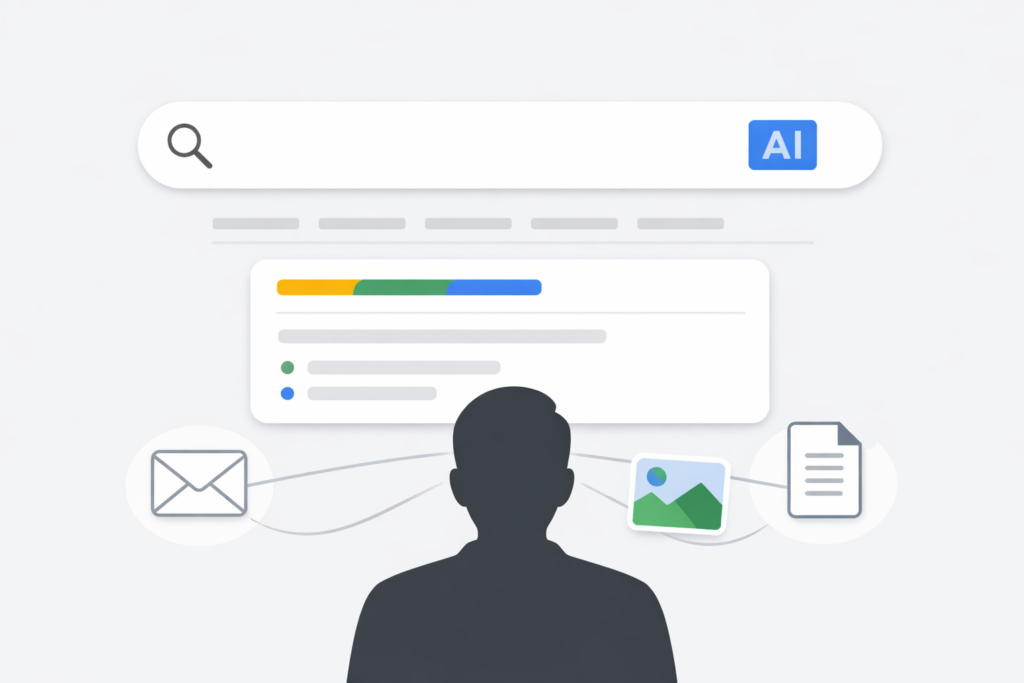 Illustration of an AI search interface personalized to a user, with connected icons for email, photos, and documents.