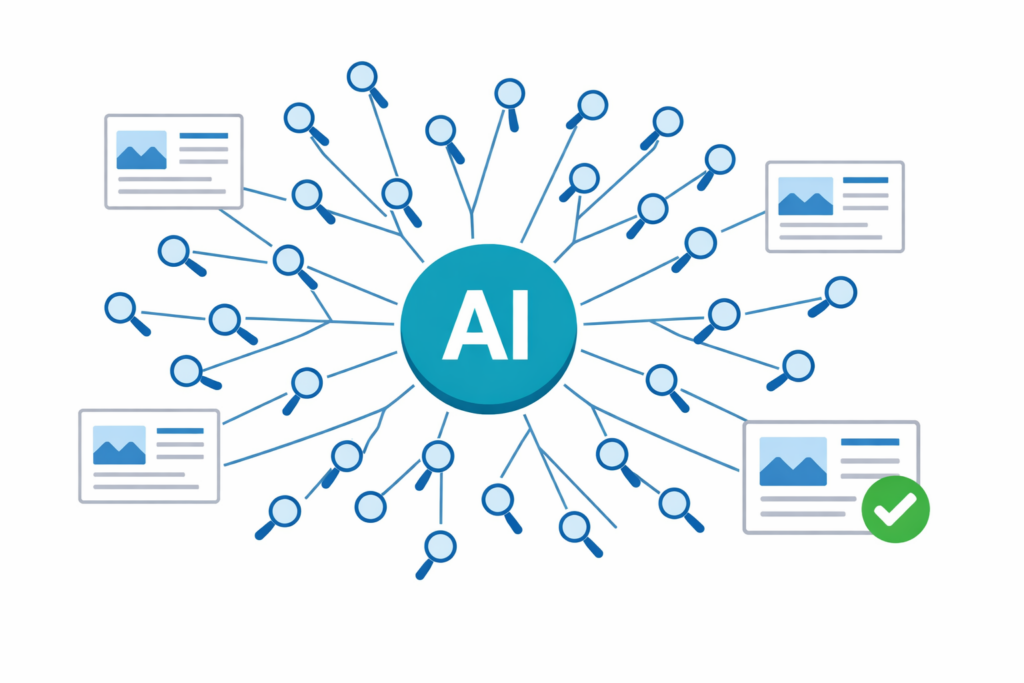 Illustration of an AI hub branching into many magnifying-glass searches, pointing to several web page cards with one marked as the best match.