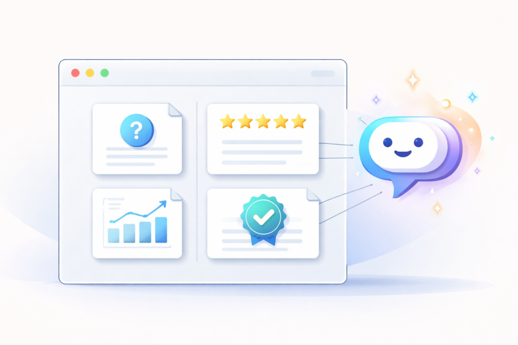 Browser window showing four webpage tiles (FAQ, reviews, case study, benefits) connected to a friendly AI chat icon.