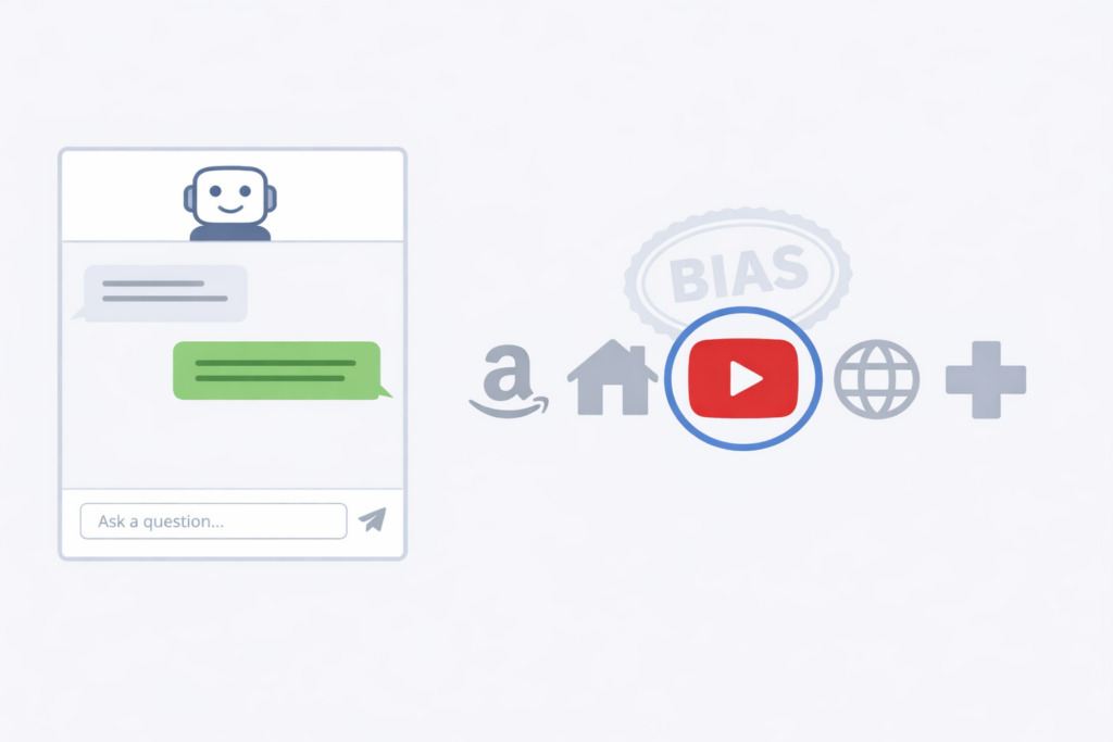 Minimal illustration of an AI chat interface next to several brand icons, with one icon highlighted and a faint “BIAS” stamp reinforcing brand preference.