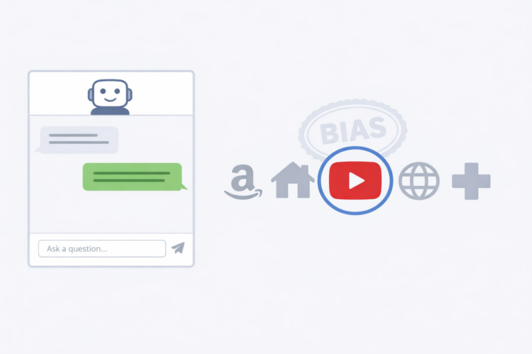 Minimal illustration of an AI chat interface next to several brand icons, with one icon highlighted and a faint “BIAS” stamp reinforcing brand preference.