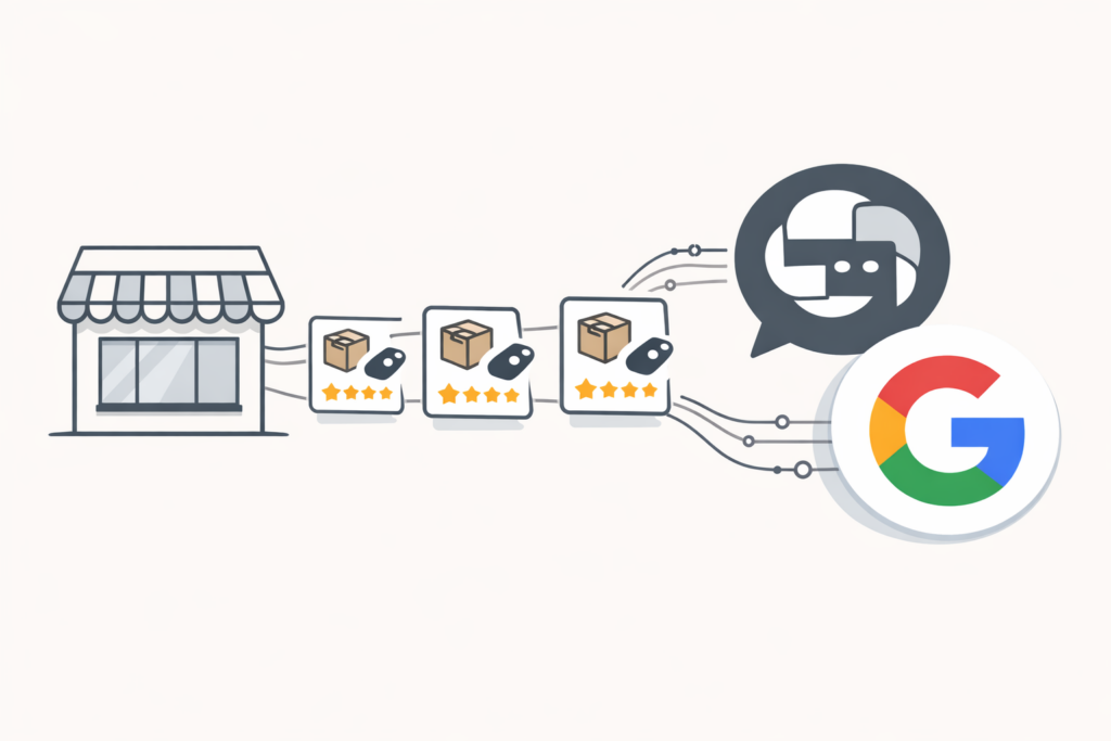 Illustration of a storefront sending product cards through connected lines to a chat icon and a Google “G” icon.