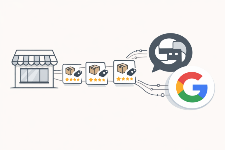 Illustration of a storefront sending product cards through connected lines to a chat icon and a Google “G” icon.