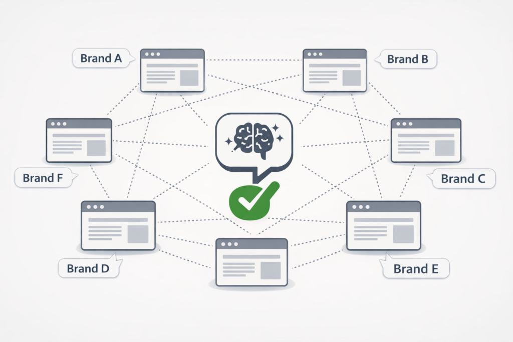 Minimal network of website cards labeled Brand A–F connected by dotted lines around a central AI chat icon with a checkmark.