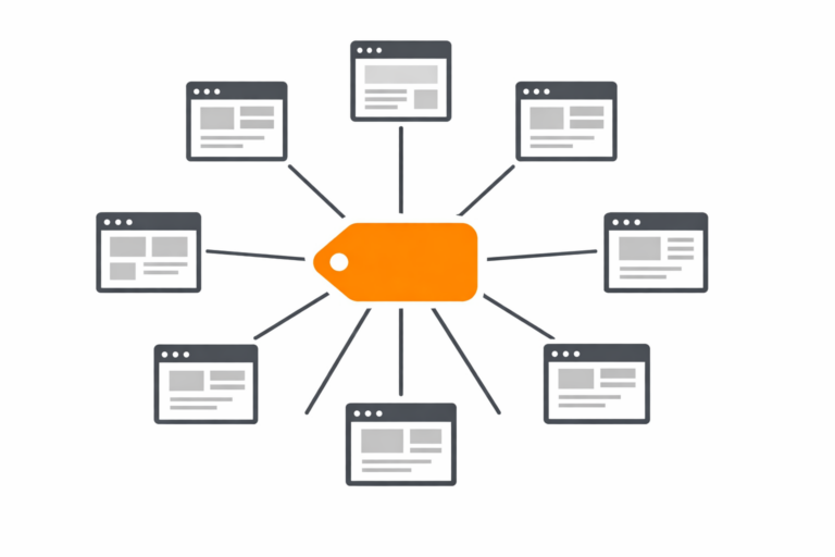 Central orange tag icon connected by lines to multiple webpage icons in a simple network diagram.