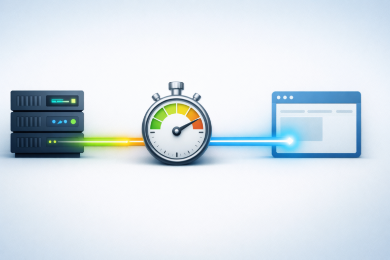 Server icon sending a glowing data line through a stopwatch to a browser window, representing time to first byte.
