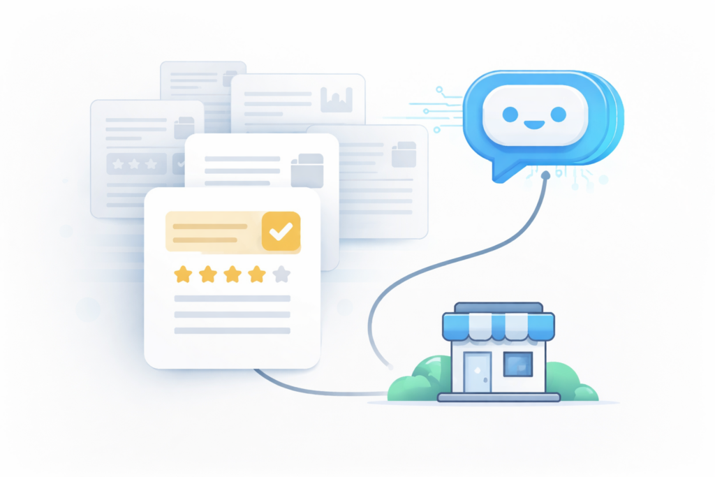 AI chat bubble selecting a highlighted review card from multiple web sources, connected to a small storefront icon.