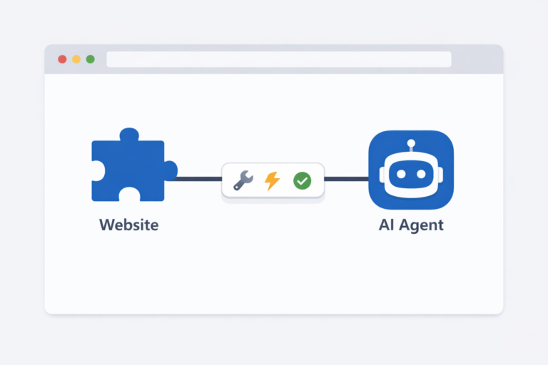 Illustration of a browser window showing a website icon connected to an AI agent icon with a tool card in between.