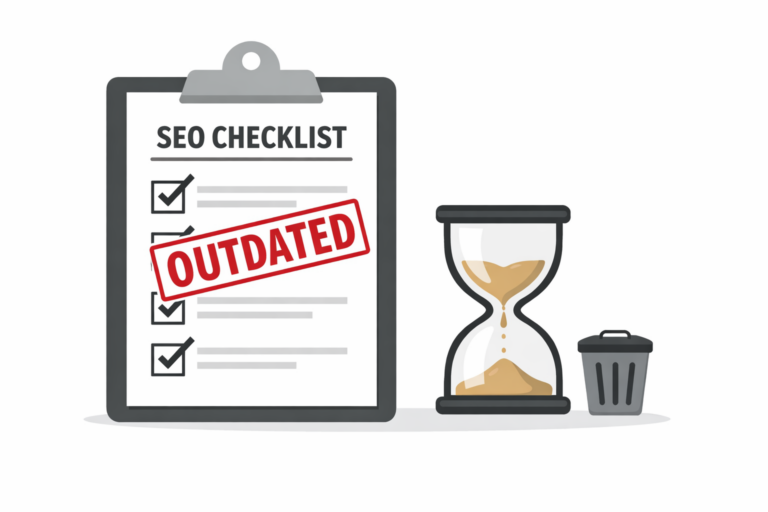 Clipboard with an SEO checklist stamped “Outdated,” next to an hourglass and a small trash bin icon.