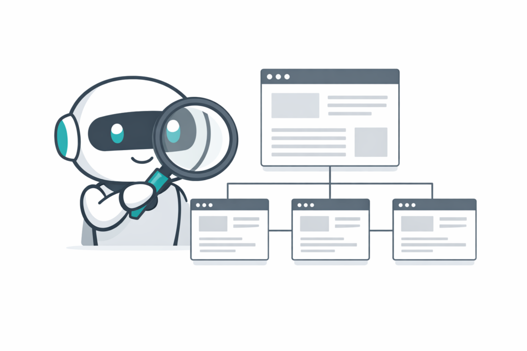An AI robot holding a magnifying glass examines a website hub-and-spoke diagram of linked web pages on a clean white background.