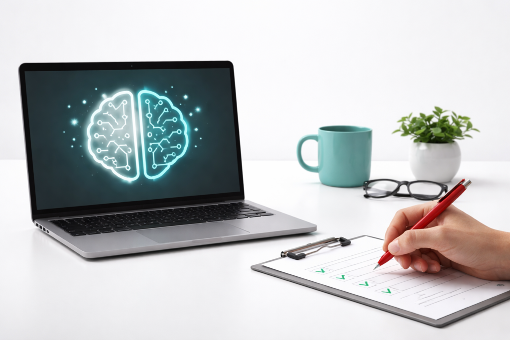 Minimal desk with a laptop showing an AI brain icon while a hand checks a content checklist with a red pen.