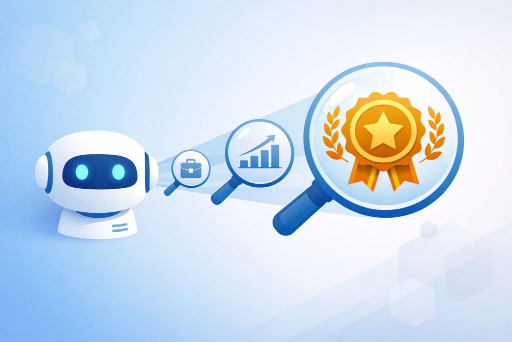 Illustration of a chatbot projecting magnifying-glass searches that highlight a gold award ribbon badge.