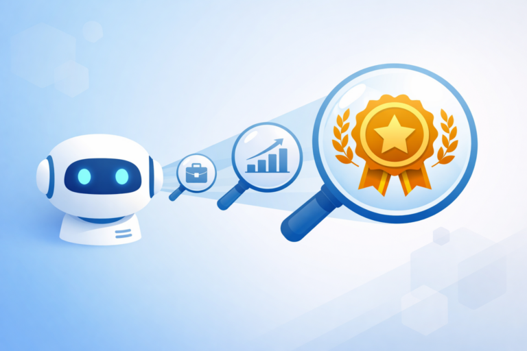 Illustration of a chatbot projecting magnifying-glass searches that highlight a gold award ribbon badge.
