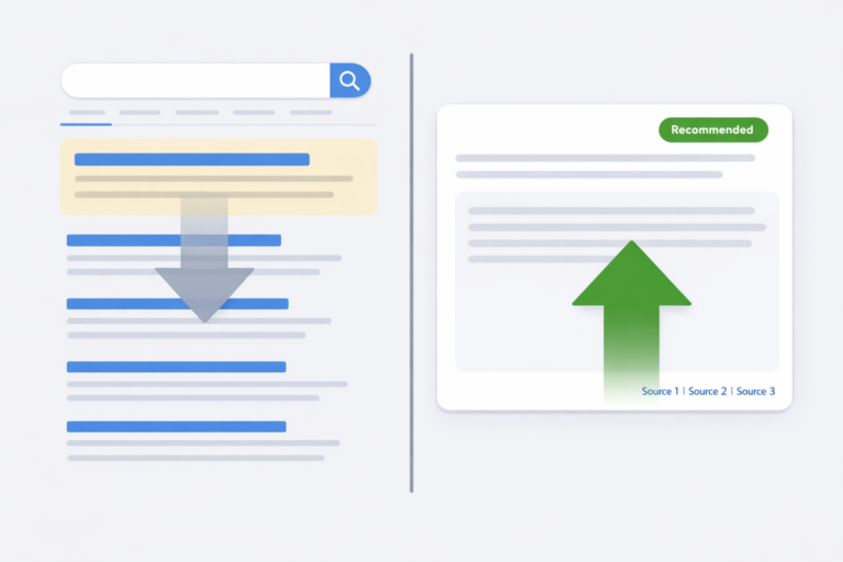 Split search results graphic showing blue-link rankings on the left and a prominent AI overview summary card on the right with a “Recommended” badge and upward arrow.