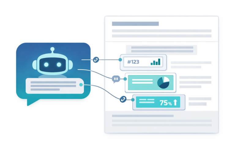 Minimal illustration of an AI chat interface connected to a structured webpage with highlighted fact blocks and citation icons.
