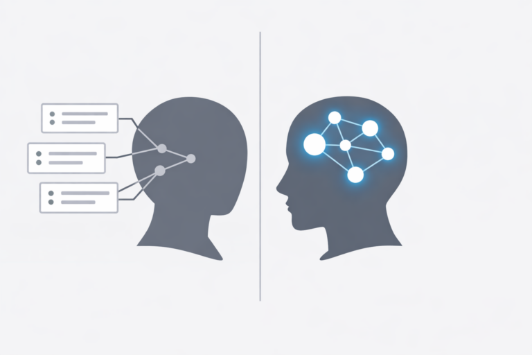 Minimal split illustration of two head silhouettes: left linked to stacked search cards, right showing a glowing node network inside the head.