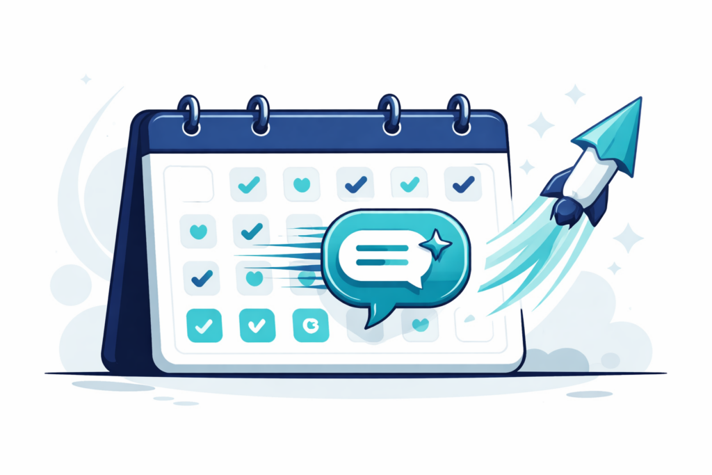 Calendar with repeating checkmarks, an AI chat bubble, and a rocket arrow symbolizing rapid AI updates