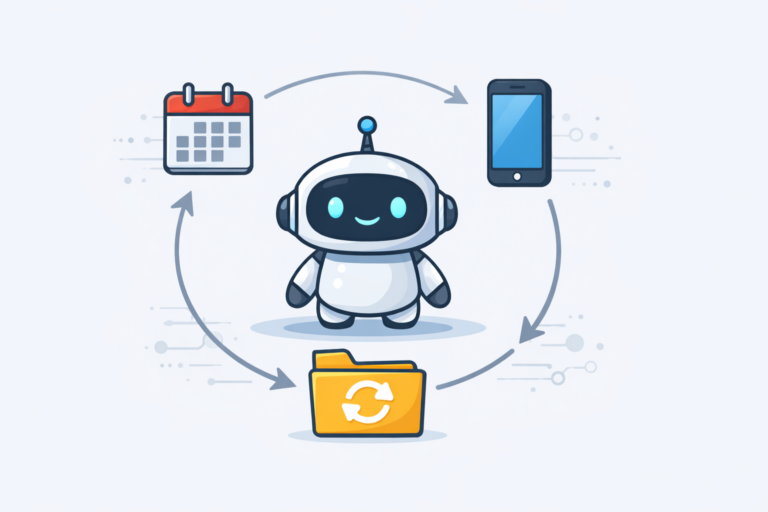 Minimal illustration of a friendly robot surrounded by a calendar, smartphone, and refresh folder icons connected in a loop.