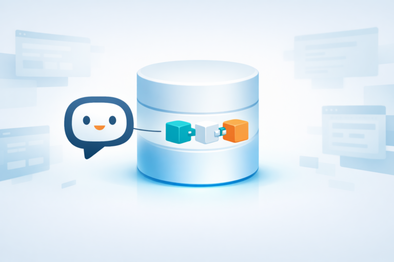 Minimal illustration of an AI assistant icon connected to a glowing database cylinder through small modular skill blocks, with faded app windows in the background.