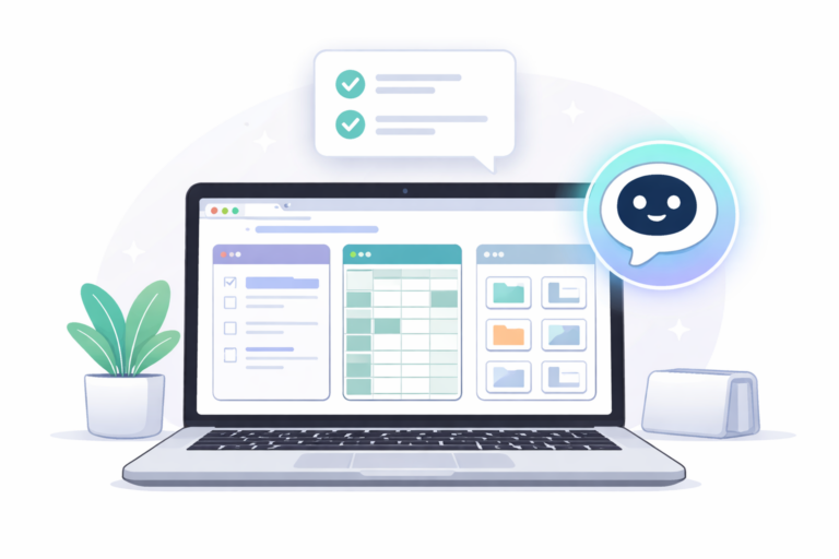 Illustration of a laptop with browser, spreadsheet, and slide panels on screen alongside an AI agent icon and a checked task list, representing an autonomous desktop assistant.