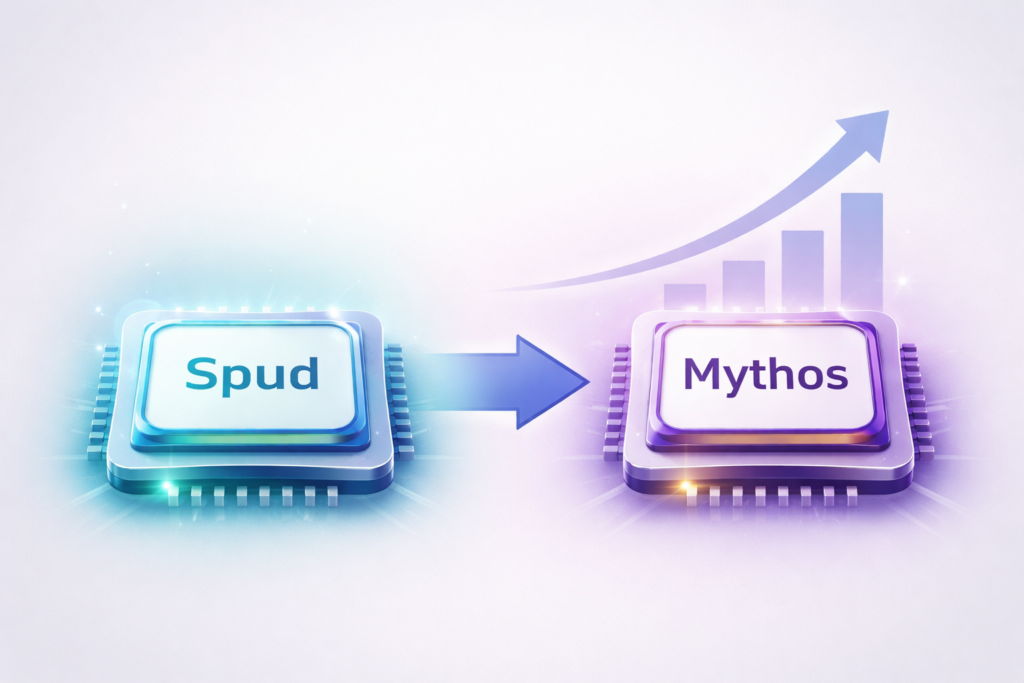 Two futuristic AI chips labeled “Spud” and “Mythos” with an arrow pointing to a rising bar chart.