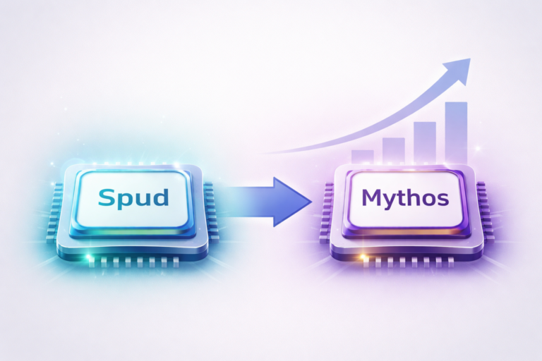 Two futuristic AI chips labeled “Spud” and “Mythos” with an arrow pointing to a rising bar chart.