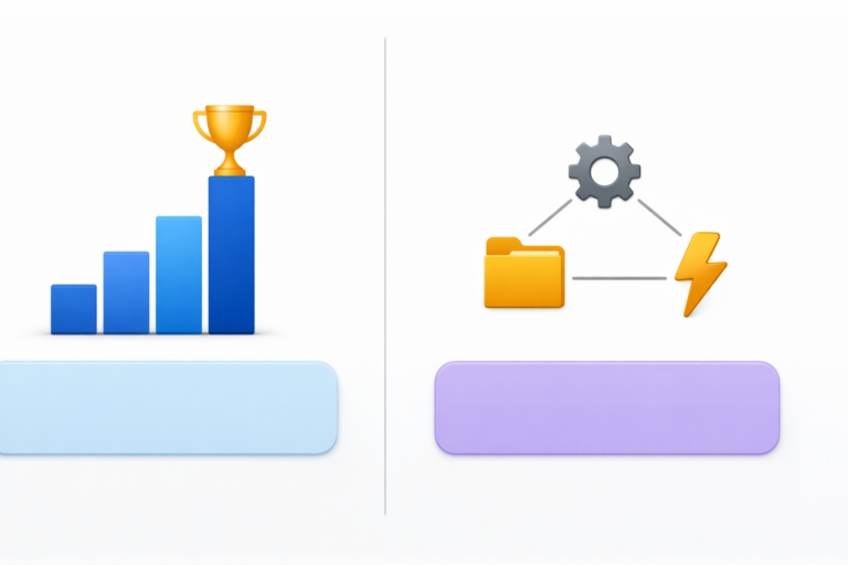 Split-screen graphic with a bar chart and trophy on the left and connected gear, folder, and lightning icons on the right.