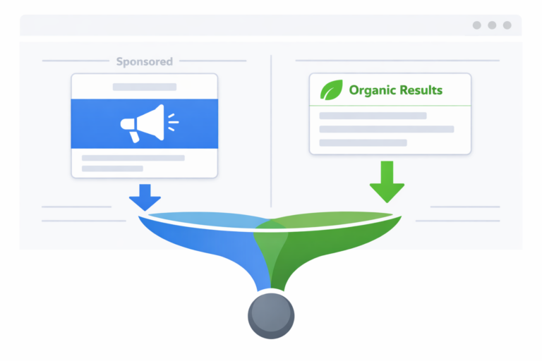 Split-screen results UI showing a blue “Sponsored” card and a green “Organic Results” card funneling into one combined output.