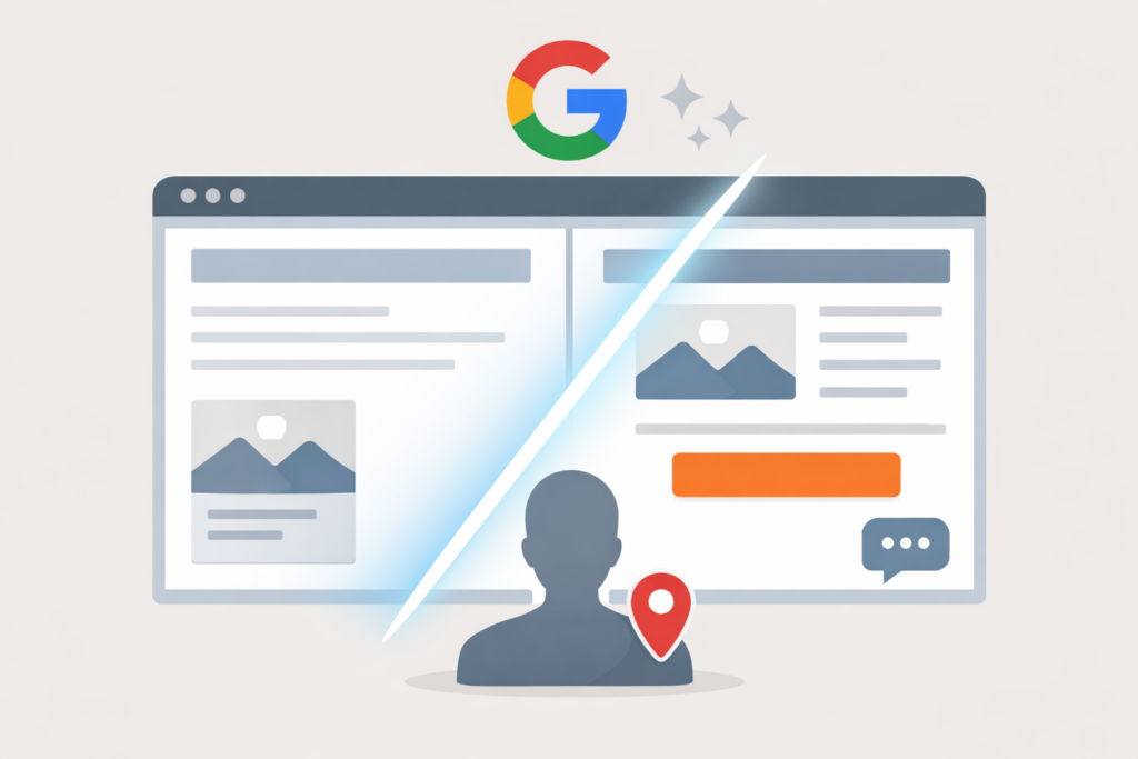 Illustration of a browser window split into two different landing page layouts by a diagonal glow, with a Google icon above and a user silhouette with a location pin in front.