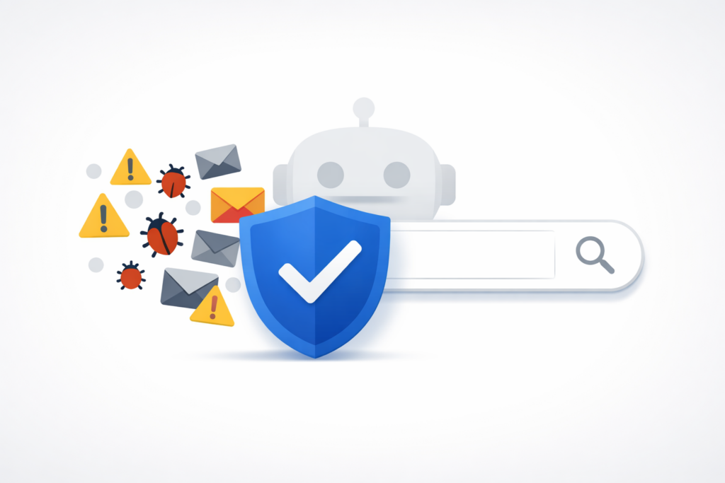 Minimal illustration of a search bar with a blue shield blocking spam icons, with a faint robot head in the background.