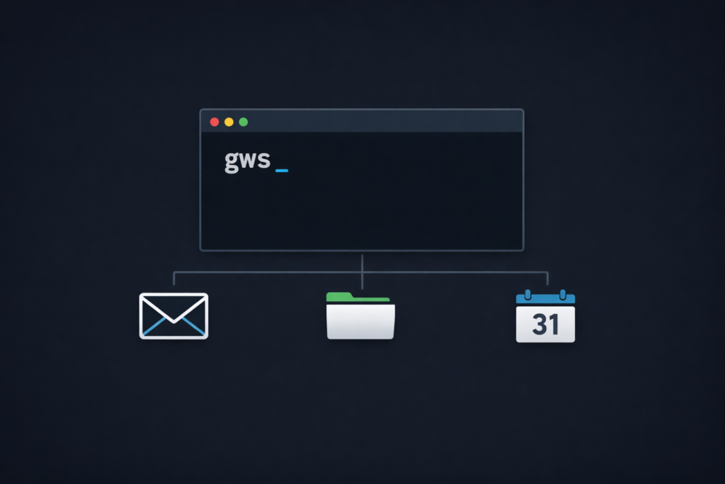 Terminal window showing “gws” with connector lines to an email envelope, a folder, and a calendar icon on a dark background.