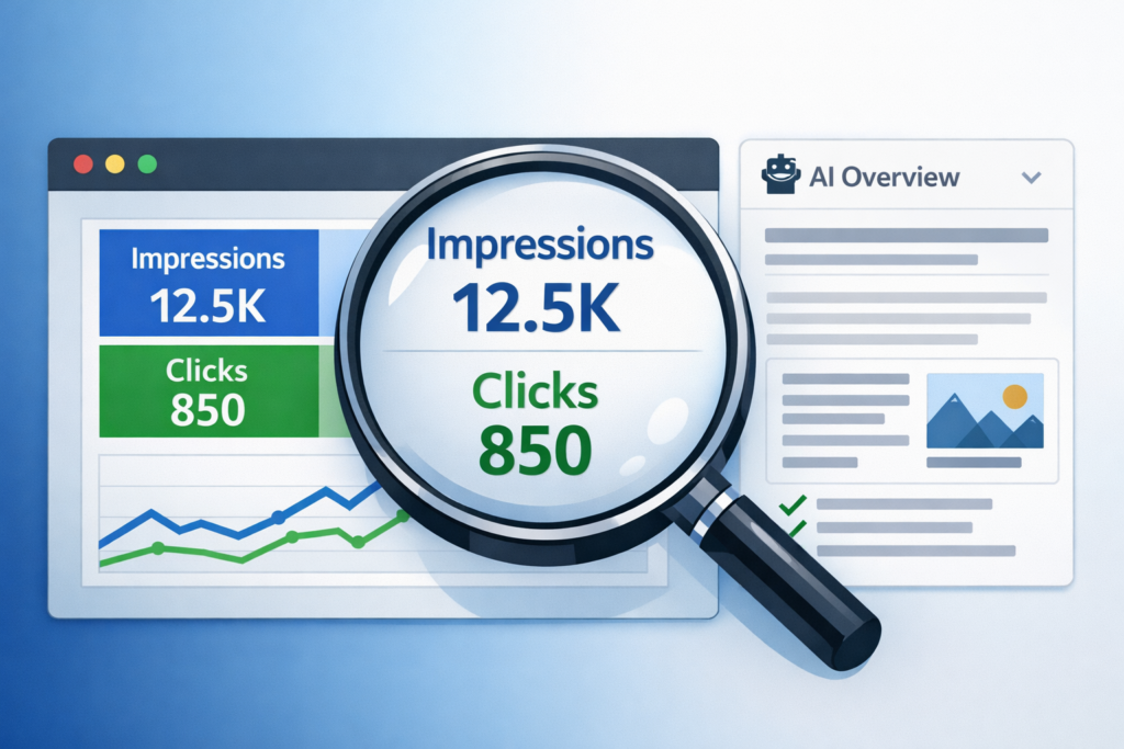 Illustration of an analytics dashboard highlighting impressions and clicks beside an AI overview panel.