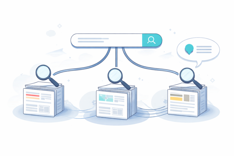 Illustration of a search bar splitting into three branching lines that lead to magnifying glasses scanning stacks of web pages, converging into a single answer bubble.