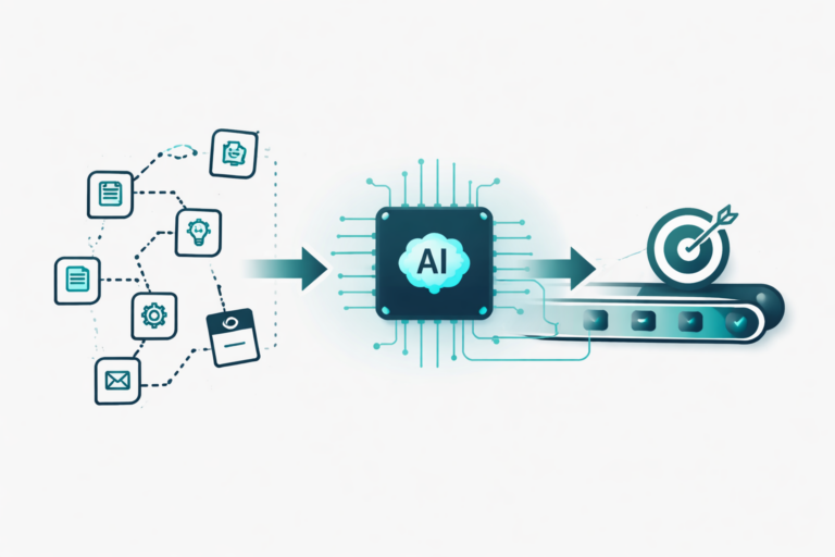 Diagram showing scattered task icons flowing into an AI chip and out through a streamlined conveyor belt to a target with a checkmark.