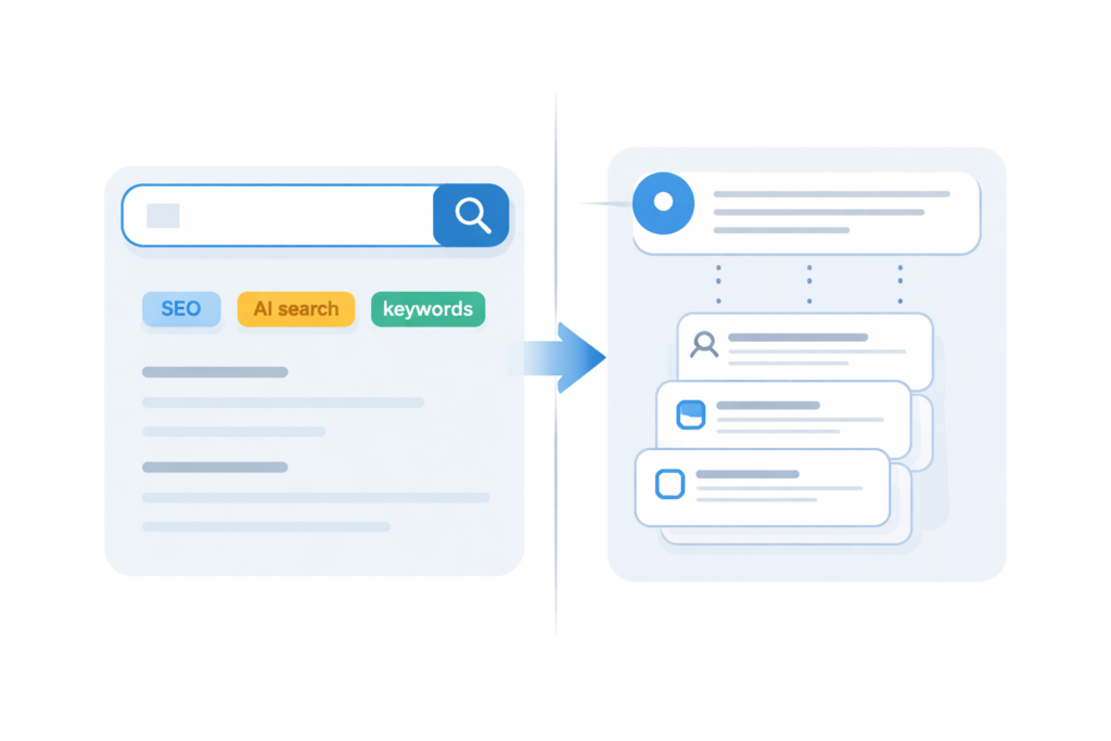 Minimal split-screen illustration with a traditional search bar and keyword tags on the left and an AI chat response with stacked result cards on the right.