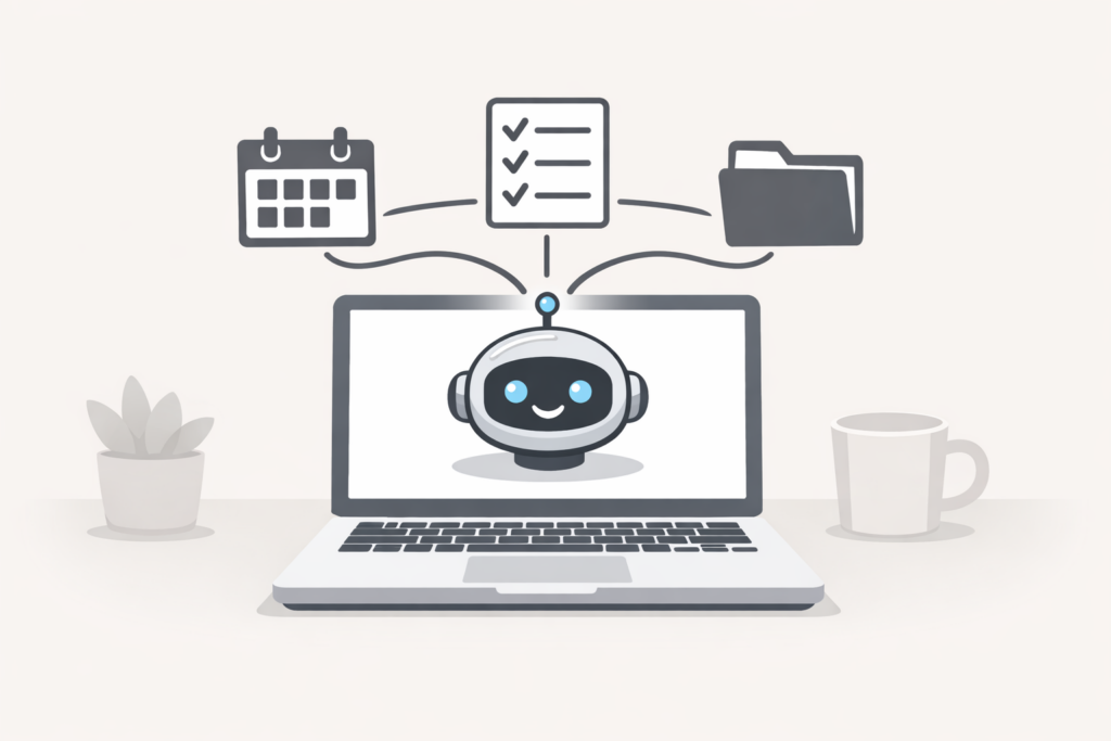 Illustration of a laptop with a friendly AI assistant icon connected to calendar, checklist, and folder task icons.