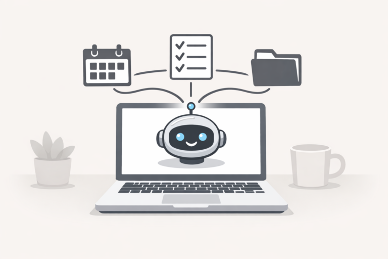 Illustration of a laptop with a friendly AI assistant icon connected to calendar, checklist, and folder task icons.