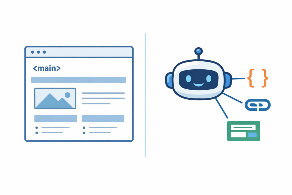 Split-screen illustration of a website page and a friendly AI agent connected to icons for structured data, internal links, and a web form.
