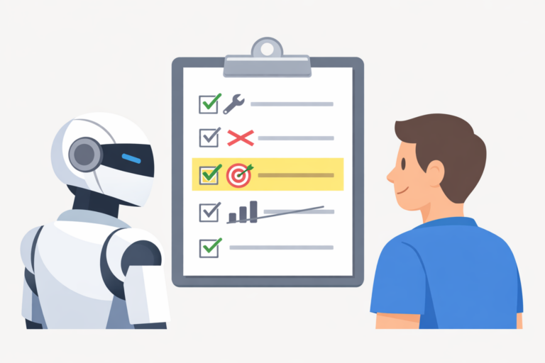Minimal illustration of a robot and a person reviewing a checklist on a clipboard on a light background.