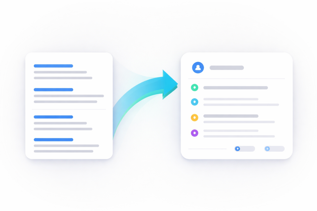 Minimal illustration of search results on the left transforming into an AI answer panel on the right with a curved arrow between them.